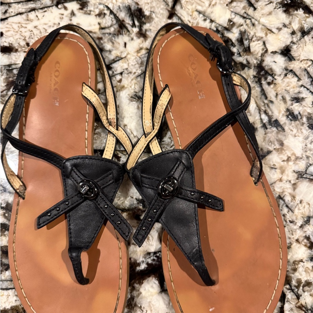 Coach Black Leather Thong Sandals